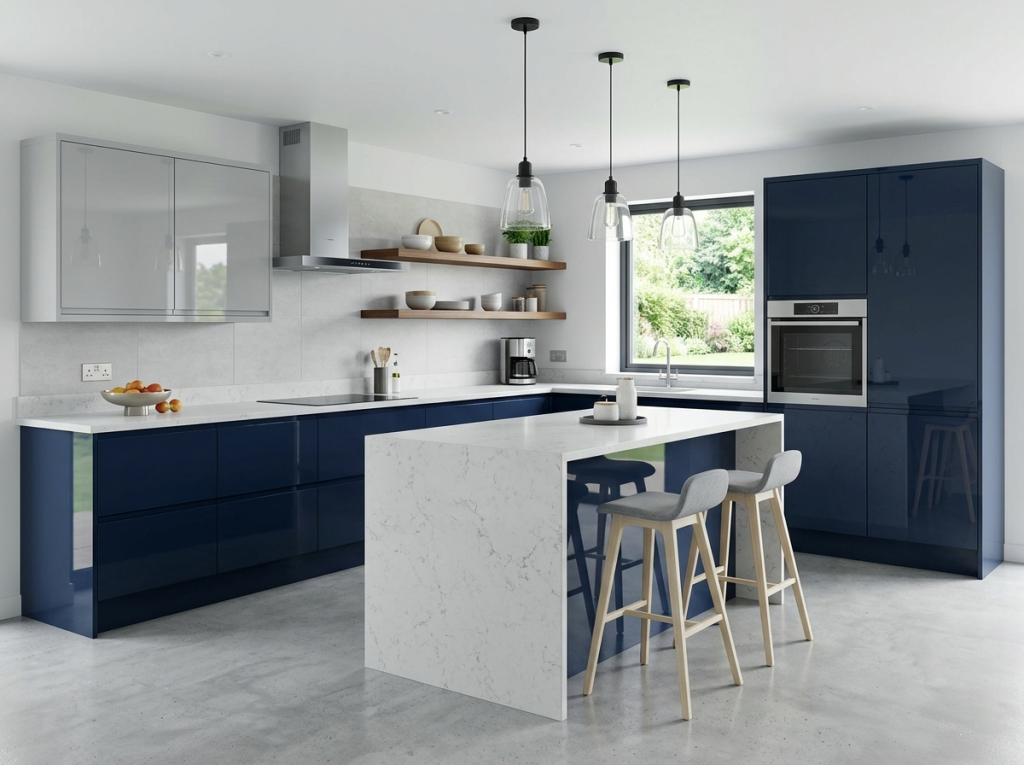 High gloss acrylic kitchen interior design in Dhaka with modern cabinets and premium finishes