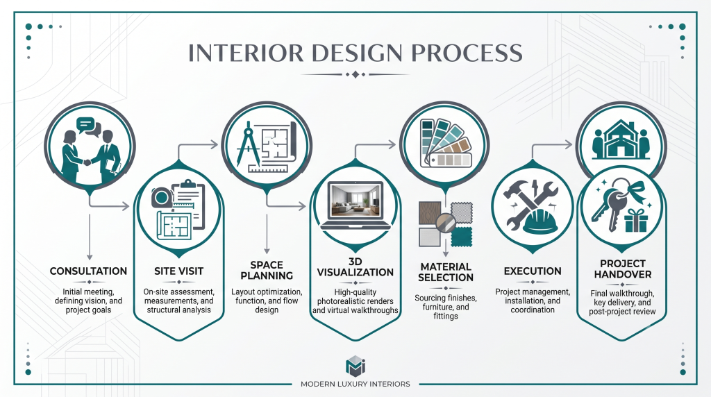 Step-by-step interior design process infographic showing consultation, site visit, 3D visualization, material selection, execution, and handover.