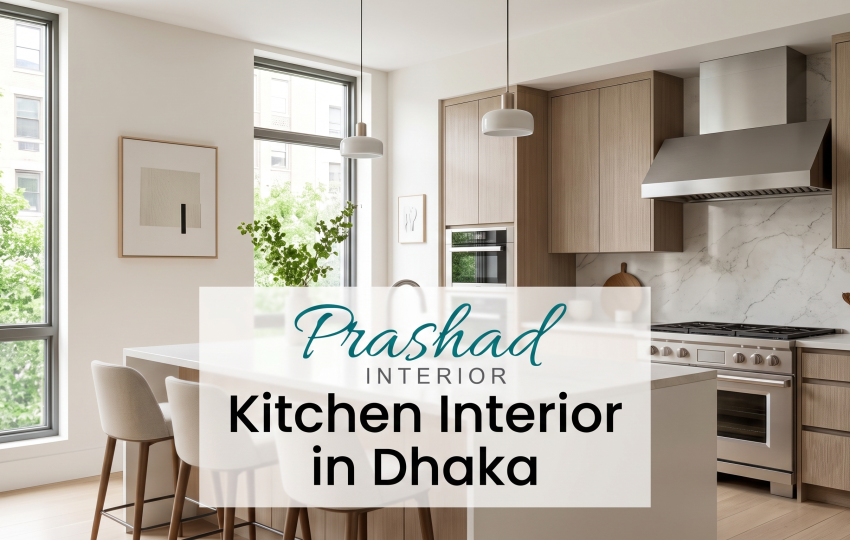 Modern kitchen interior design in Dhaka by Prashad Interior featuring wooden cabinets and a marble backsplash.