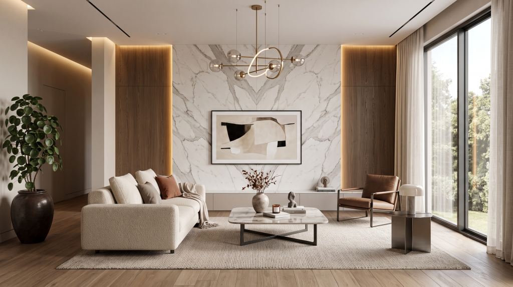 Modern luxury living room interior featuring a marble TV wall, designer furniture, wooden panels, and ambient lighting in Bashundhara.