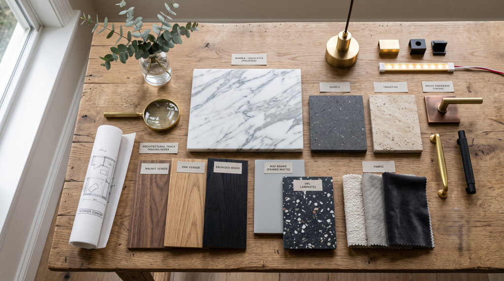 Premium interior materials including marble, wood veneer, MDF, HPL, quartz, and hardware for luxury interior design projects.