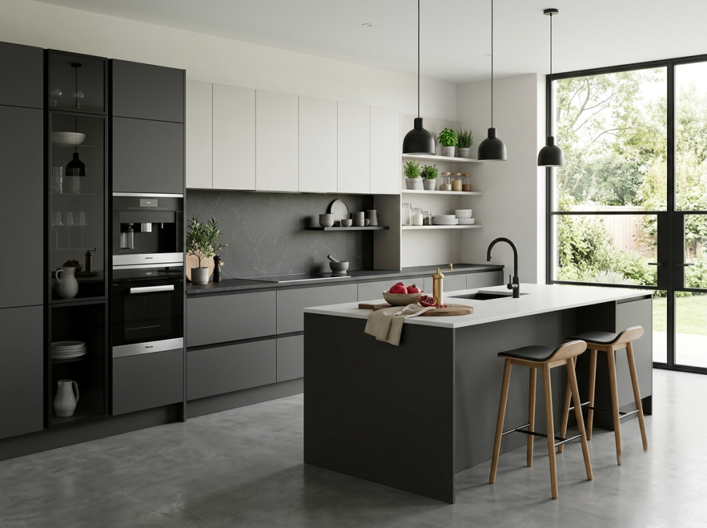 Modern matte finish kitchen interior design in Dhaka, Bangladesh with sleek cabinets and minimalist style