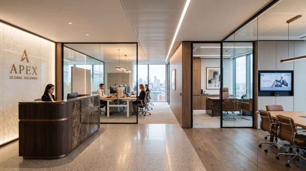 Premium office interior design with executive cabins, reception area, conference room, and modern workspace in Bashundhara.