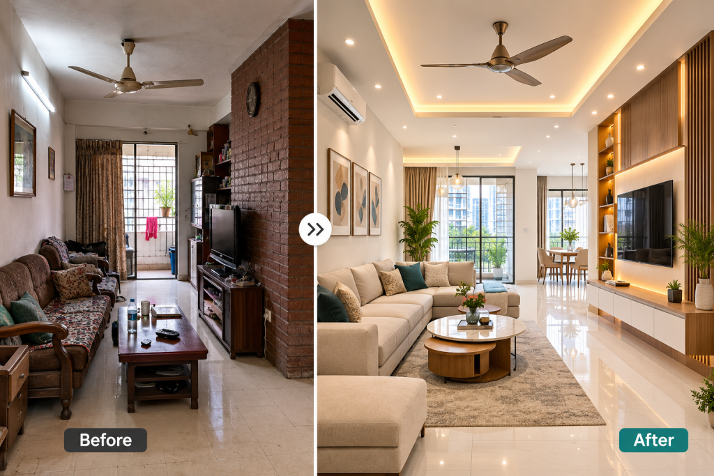 Before and after apartment renovation in Dhanmondi, Dhaka living room
