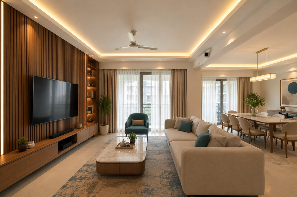 Modern living and dining room renovation with cove ceiling lighting in Dhanmondi