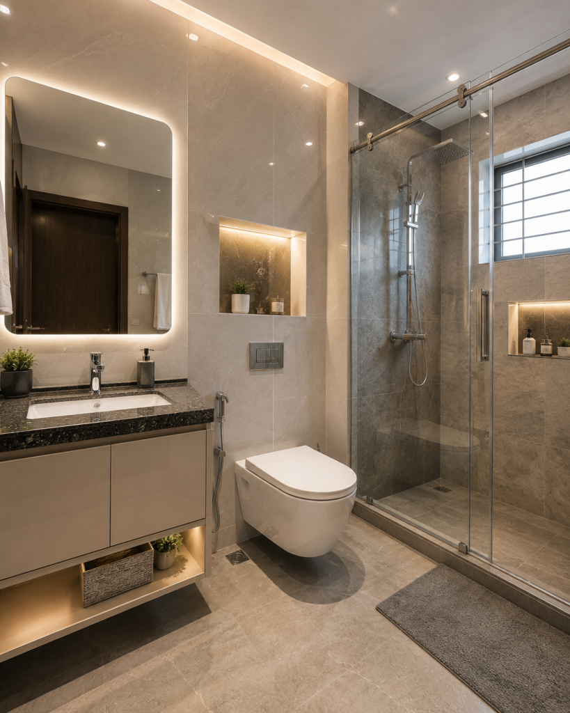 Modern bathroom renovation with tempered glass shower in Dhaka apartment