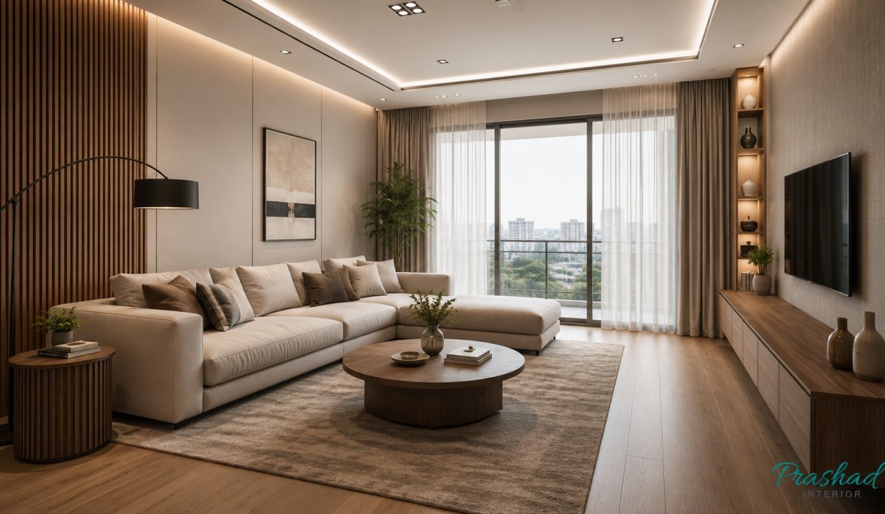 Modern minimalist living room interior in a Mohakhali DOHS apartment by Prashad Interior