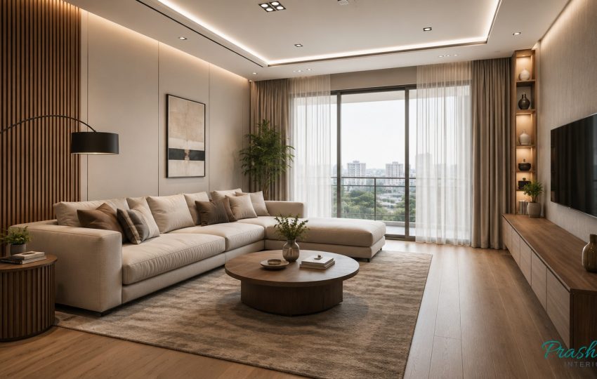 Modern minimalist living room interior in a Mohakhali DOHS apartment by Prashad Interior