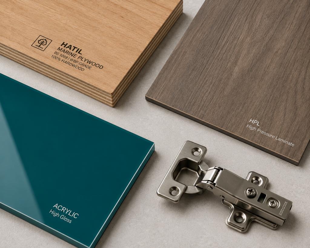 Marine plywood, HPL and acrylic material samples for apartment renovation