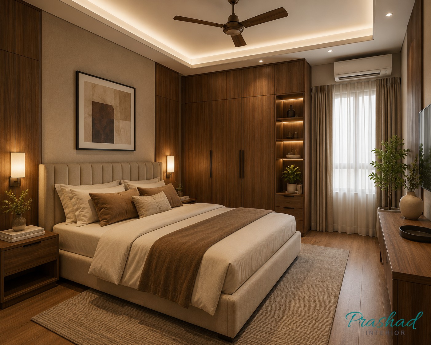 Warm, natural-toned bedroom interior (by Prashad Interior)
