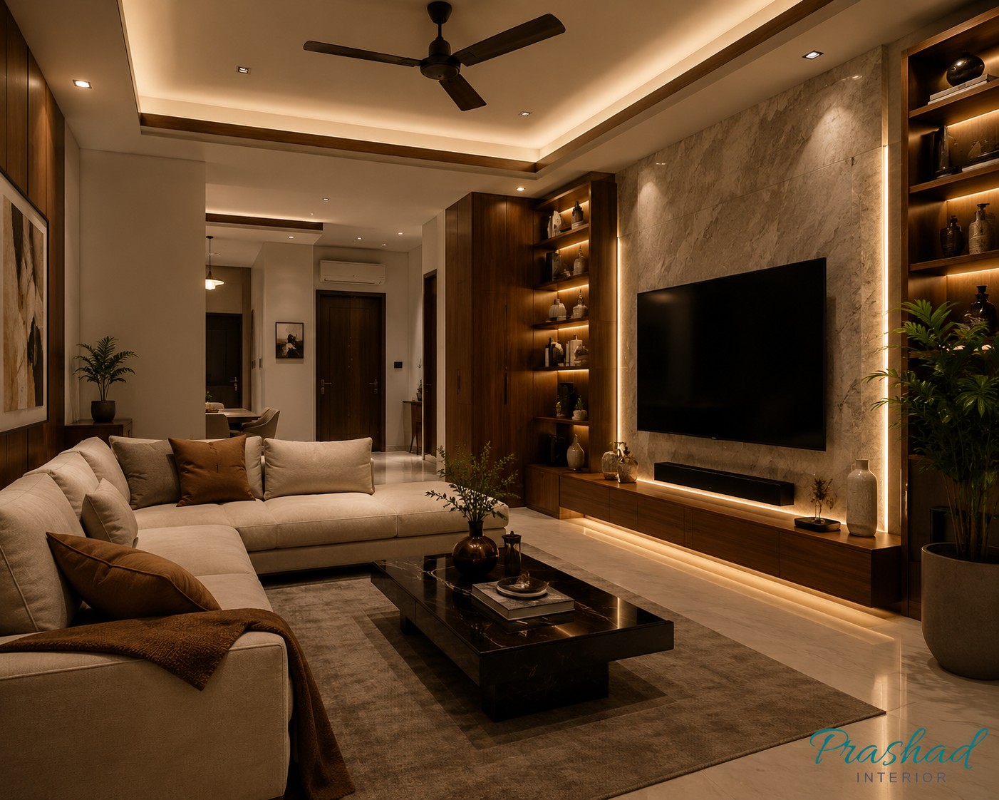 Contemporary luxury living room with wood accents and neutral tones by Prashad Interior