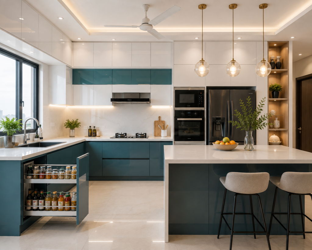 L-shaped modular kitchen renovation with acrylic cabinets in Dhaka apartment